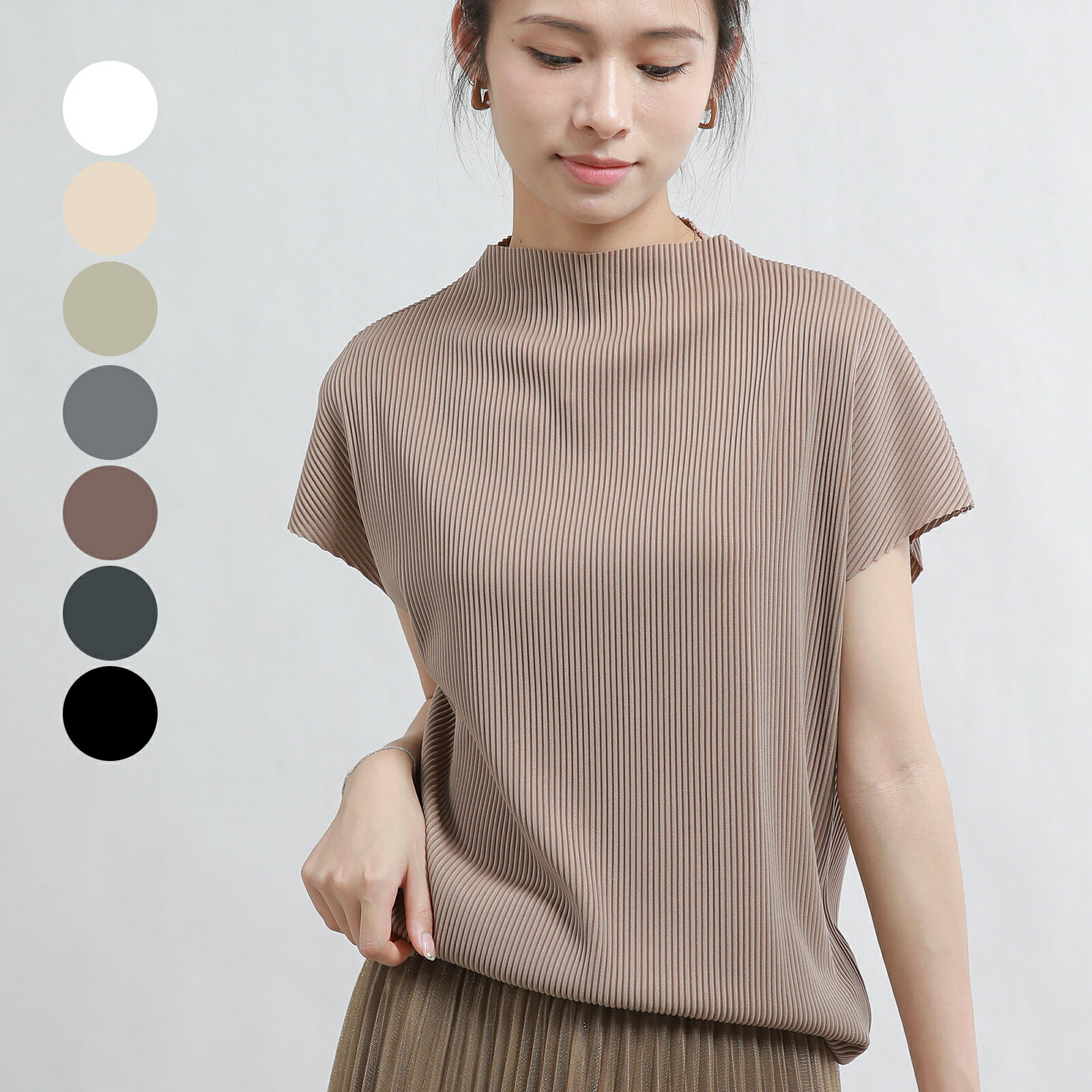 トップス レディース 春 夏 春夏 半袖 トップス カットソー　リブ 無地 ハイネック ニットトップス ホワイト ベージュ ー グリーン テラコッタ ブラック オフィス カジュアル 20代 30代 40代 OL ママ 母