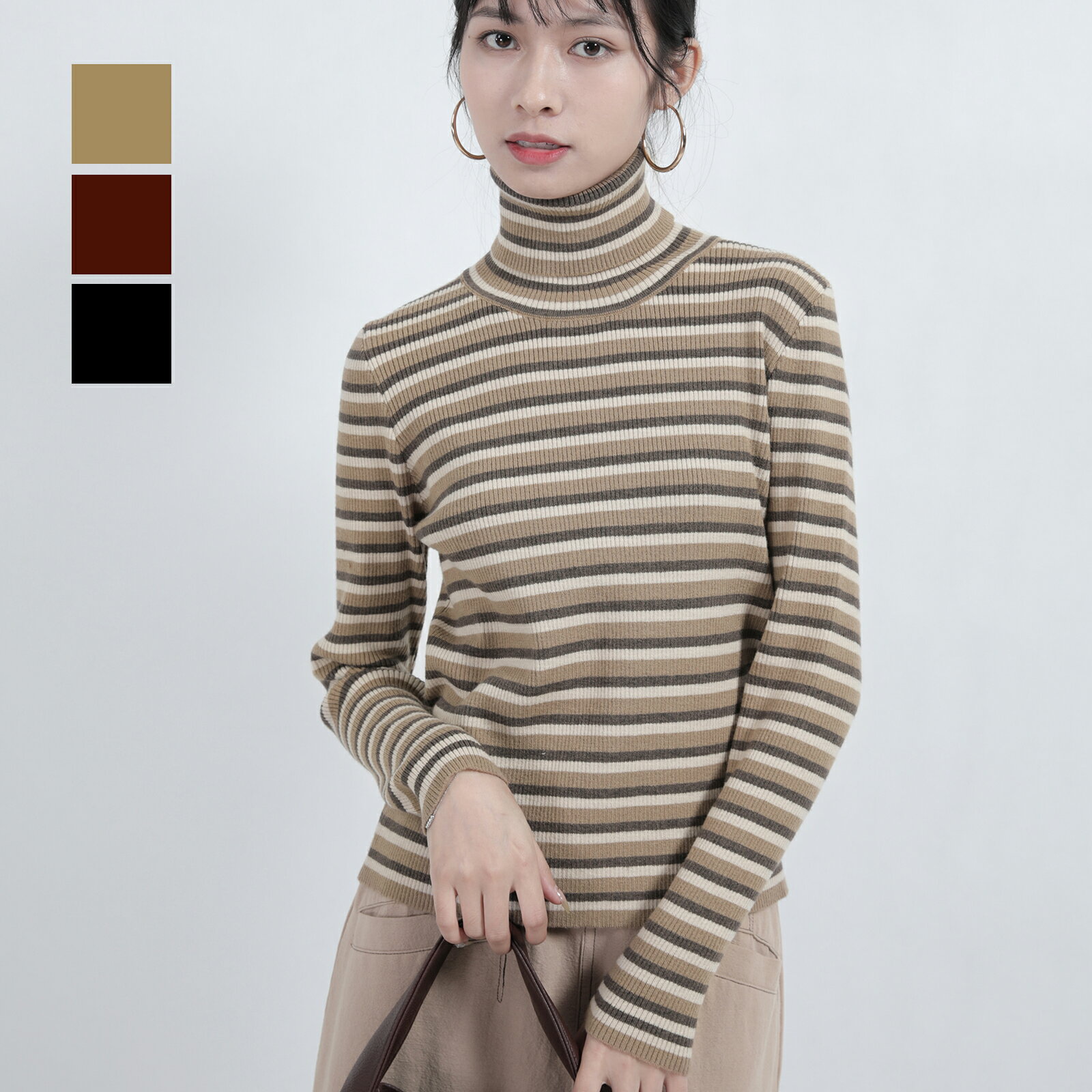 ボーダーカットソー ニットソー きれいめ ニット トップス ニット インナー インナーTシャツ ?ラウンドネック リブニット 長袖 レディース リブ トップス リブ インナー 重ね着 長そで カジュアル カラフル 可愛い オフィス 春 春秋 秋冬 スタイルオンバック