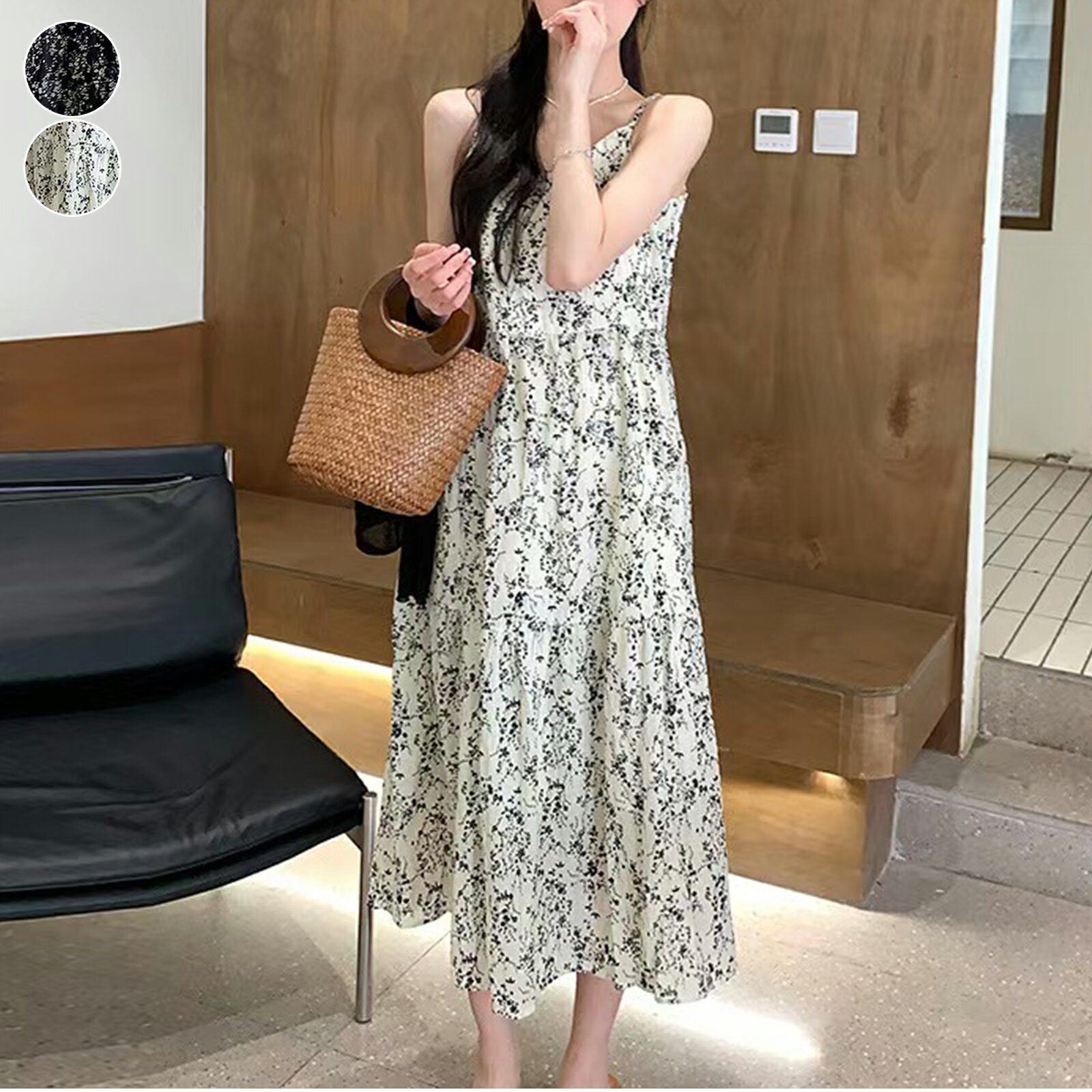 リネンライク花柄マキシワンピース ノースリーブ ティアード ロング丈 ウエストリボン 体型カバー リゾート＆デイリー