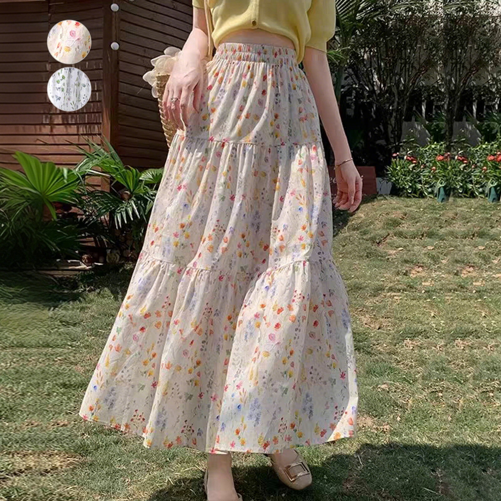 小花柄ティアードフレアロングスカート ウエストゴム 裏地付き マキシ丈 レディース