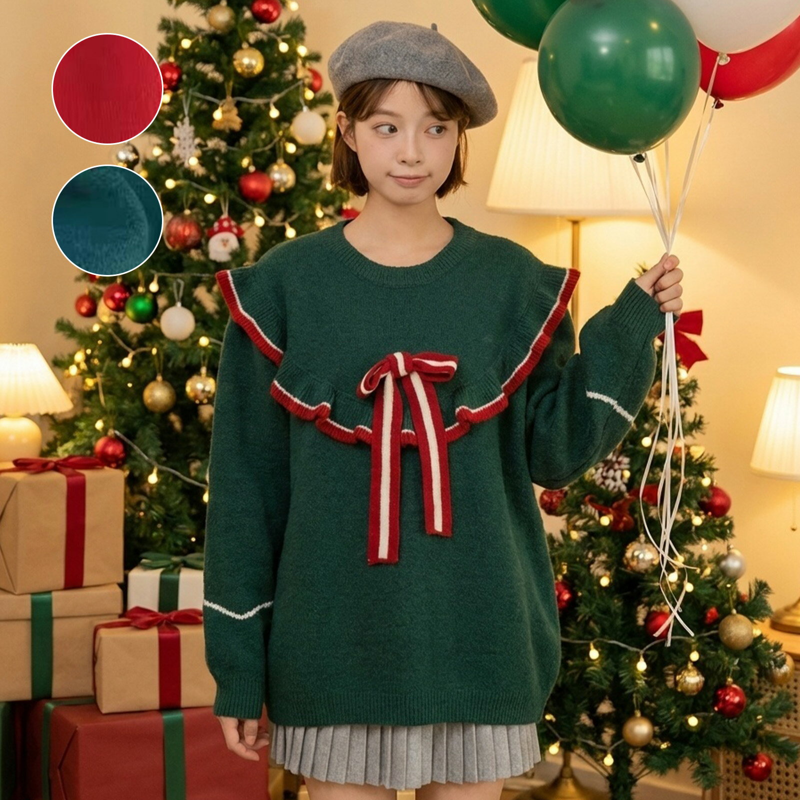 樂天商城 - アグリーセーター クリスマス ニット クリスマス セーター クリスマス トレーナー ダサイ セーター UGLY セーター トップス ニット 秋冬 ジャガードニット 配色ニット 大人 レディース リボン 厚手 Xmas 可愛い Chrismas ゆったり 体型カバー プレゼント　フリル 襟付き