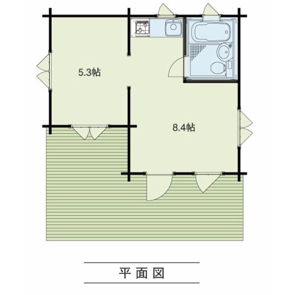 ●ルースC（ログ厚75mm）水廻りが付いて別荘、コテージに最適の8坪タイプのログハウス