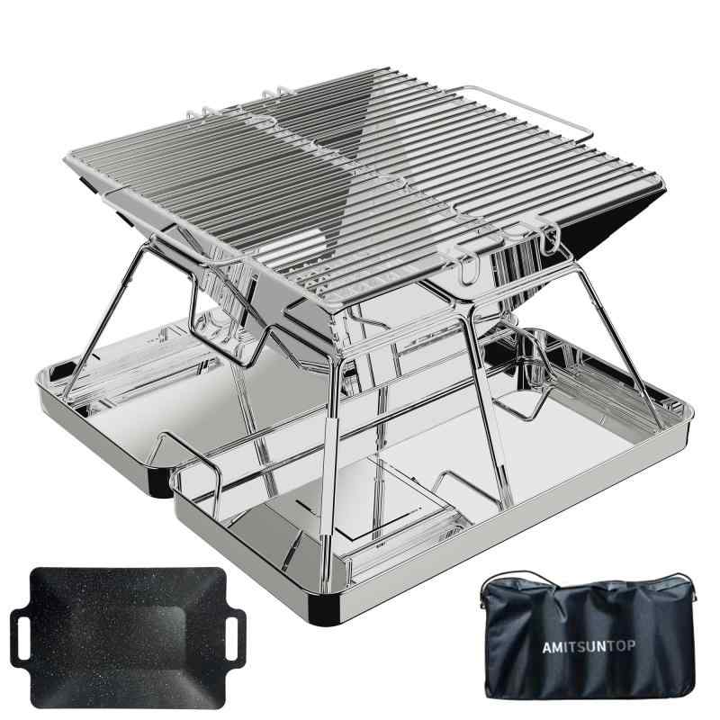 Cookware, Bbq Goods - AMITSUNTOP 焚き火台 バーベキュー コンロ BBQ グリル 卓上コンロ 屋外での焚き火 コンパクトな折りたたみ収納ステンレス鋼 収納袋付き