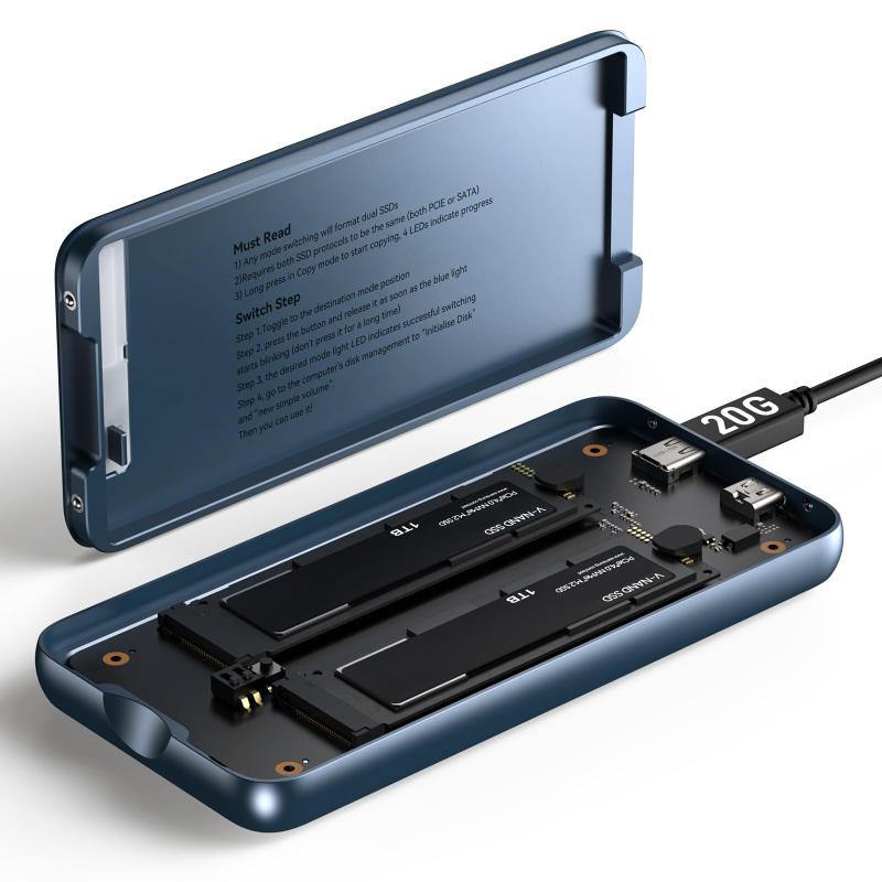 M.2 NVMe デュアルベイ エンクロージャー：RAID 0/1/JBOD・クローン機能完全対応。20Gbps高速転送でオフライン複製も可能なHDD/SSD複製機。