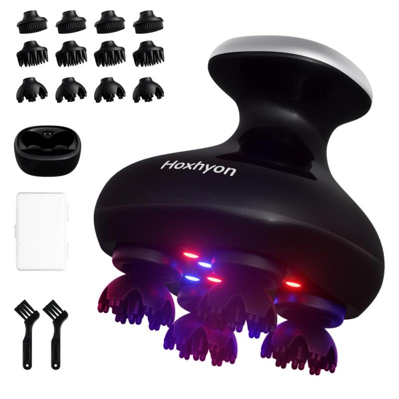 【2025新登場】Hoxhyon ヘッドスパ 電動頭皮ブラシ【赤青W光搭載】3D振動 頭皮洗浄 頭皮エステ スカルプケア 顔 全身適用 リラクゼーション器 自宅サロン お風呂 IPX7防水 低騒音設計 収納ケー