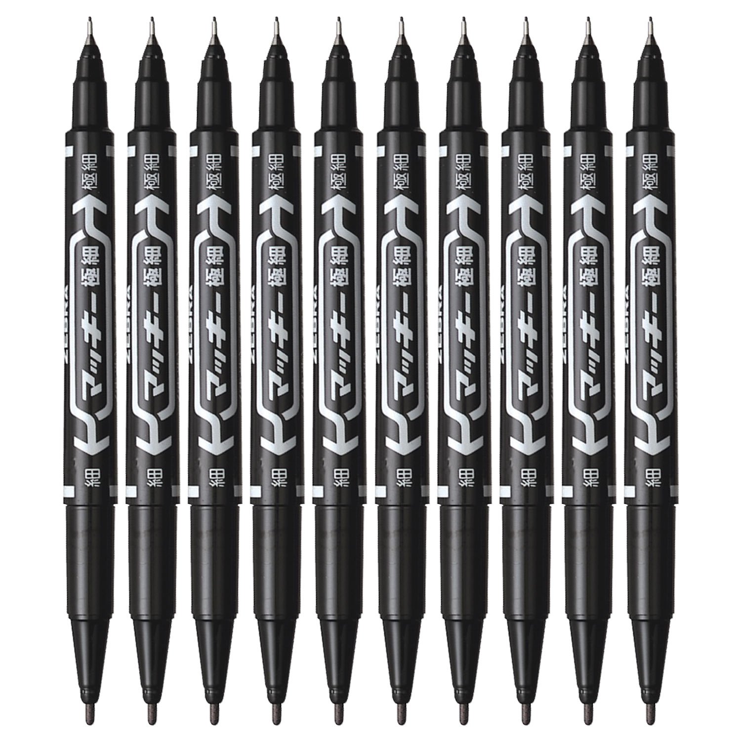 ・ペン先:細字・極細両用 ・線幅:細字 1.0~1.3mm、極細 0.5mm ・インク:油性染料インク ・インク特性:速乾性、耐水性 ・用途:紙・布・木・ダンボール・ガラス・プラスチック・金属・ビニール ・入数:10本 ・サイズ:縦28mm×横150mm×厚み66mm ・重量:101g ・線種:細・極細両用