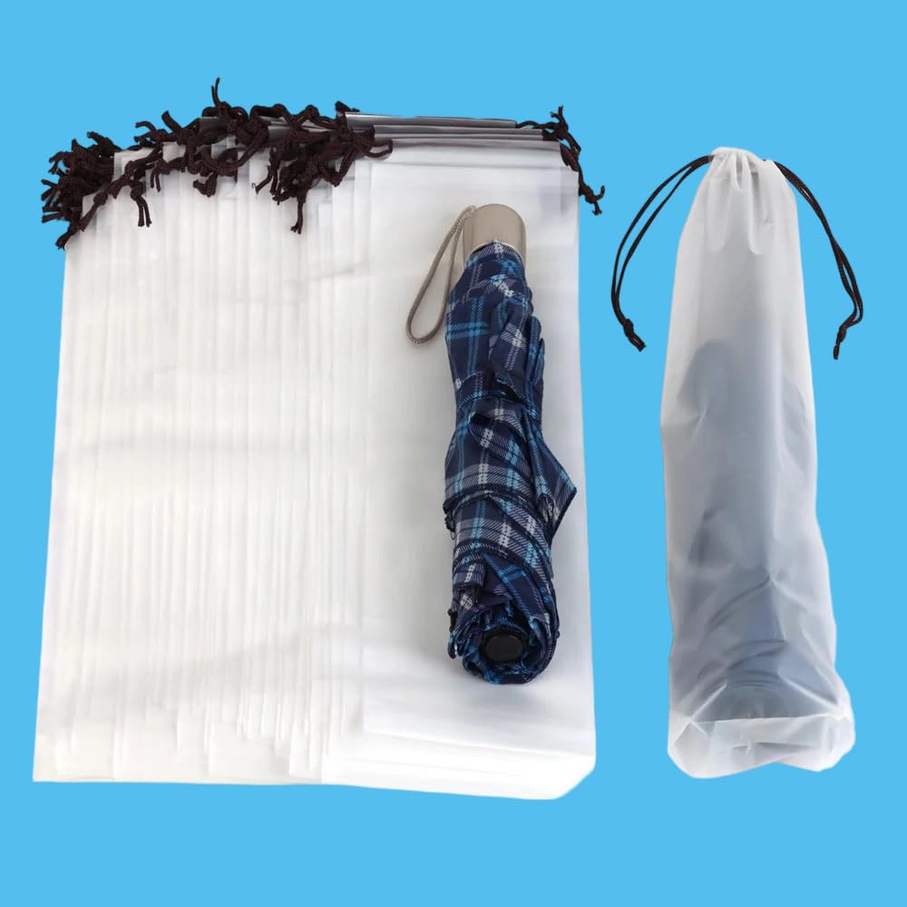 ・入数:20枚入り ・サイズ:13cm×33cm ・適応サイズ:長さ35cm、幅13cm以下の傘 ・素材:半透明のPPプラスチック ・機能:防水、巾着付き、再利用可能