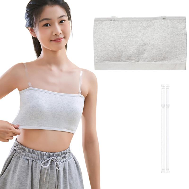 [KALOLINNA] チューブトップ キッズ パッド付き ガールズ コットンブラ ジュニアブラ 綿 ずれない 落ちない 子供用ブラジャー ハーフトップ 透明ストラップ ダンス 中学生 小学生 下着