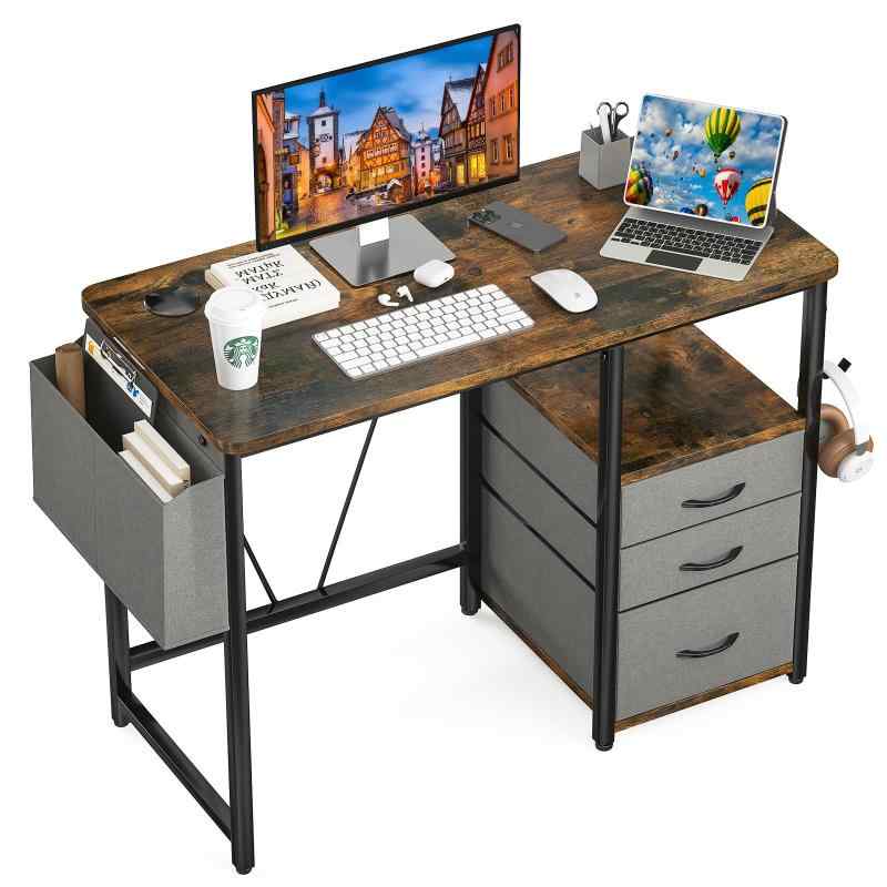 Sunon デスク パソコンデスク ラック付きpcデスク 机 引き出し付き 勉強机 ドリンクホルダー デスク 在..