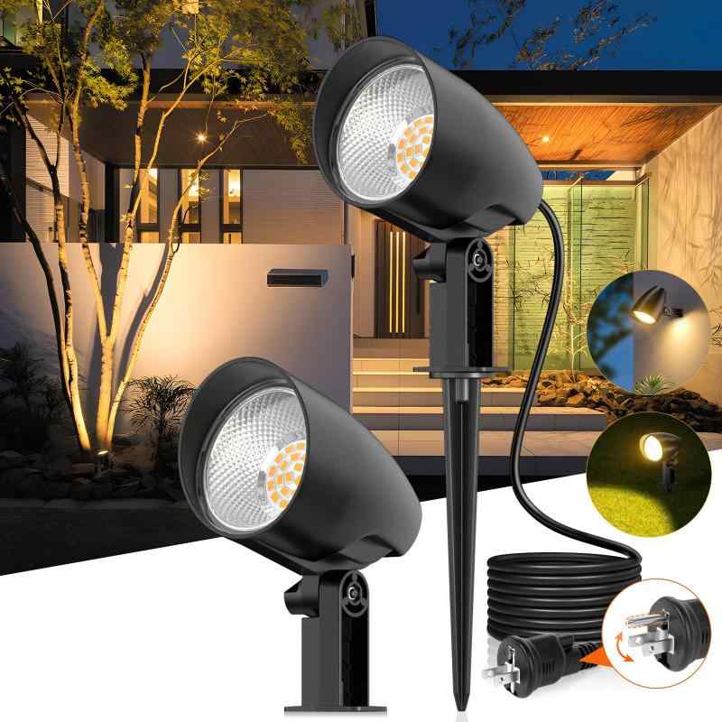 Rakuten - 【全アルミ製 20W LEDスポットライト】MEIKEE 2000lm ガーデンライト コンセント式 電球色 IP66防水 2P/3Pプラグ切替 1.5m電源コード 2年 2way取り付け 回転可能 5万時間の寿命 配線不要 庭園 ガ