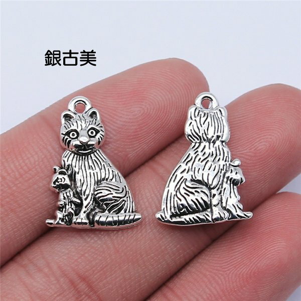 【ハンドメイドパーツ】素材アンティーク風・メタルチャーム・銀古美・猫【p2392】