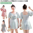 マタニティ チェック柄 水着 ワンピース 水着 Vネック ワンピース 妊婦服 マタニティ マタニティ パッド付き フリル袖 aラインワンピー(4)