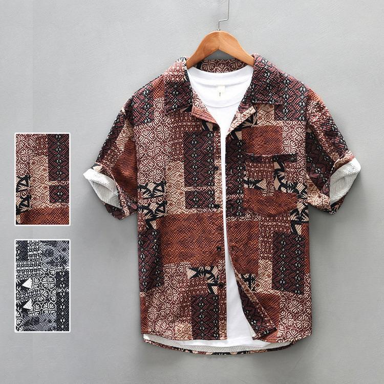 カジュアルシャツ メンズ 開襟シャツ トップス 半袖 シワ 立体感 凹凸のある生地 ハワイシャツ アロハシャツ