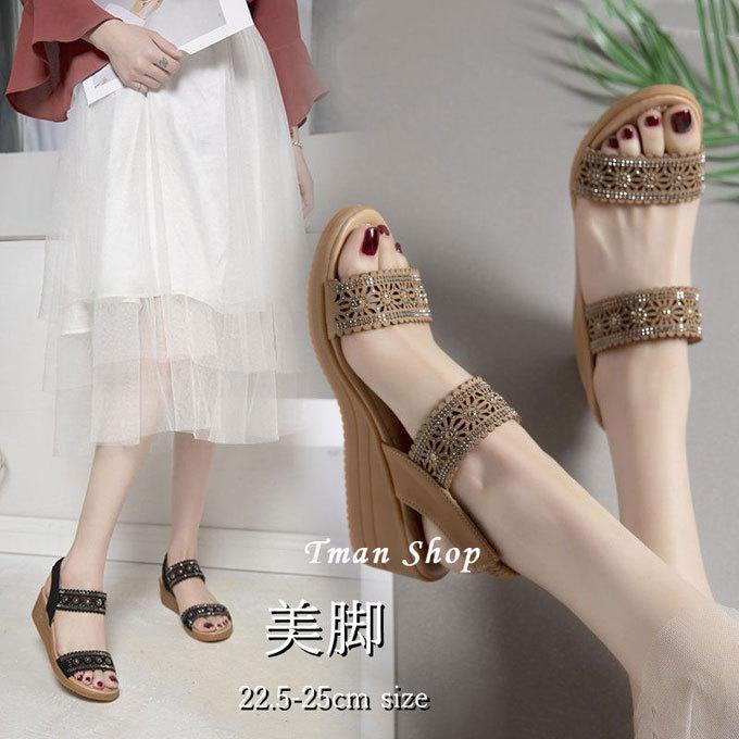 厚底サンダル レディース ラインストーン飾り ウェッジソール シューズ 疲れない 痛くない 厚底 歩きやすい 夏 旅行 美脚 楽ちん カジュアル 通勤 アウトドア