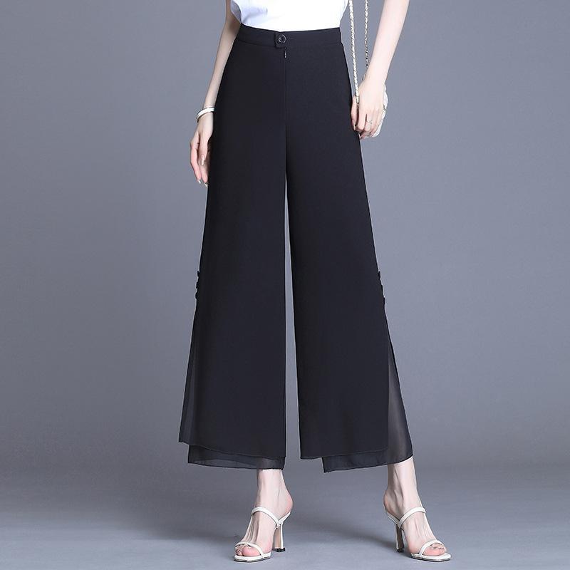 シフォン ワイドパンツ ガウチョ パンツ ズボン レディース 夏 サイドレース スリット オフィス カジュアル きれいめ 通勤 シンプル 美脚