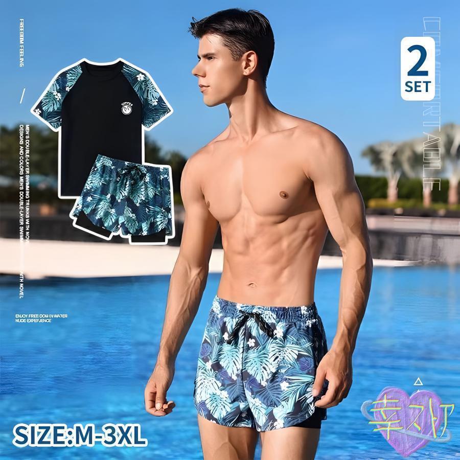 メンズ水着 スイミングウエア 水着セット メンズ上下2点セット 半袖 ラッシュガード レギンス パンツ ショットズボン 短パンツ セパレート ウエストゴム シャ...