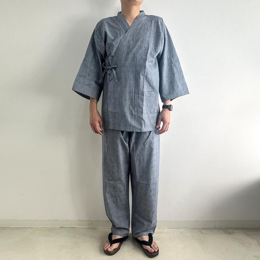 格子柄チェック 作務衣 綿100% 清涼素材 夏 薄手 部屋着 ルームウェア パジャマ 甚平 上下セット 和風