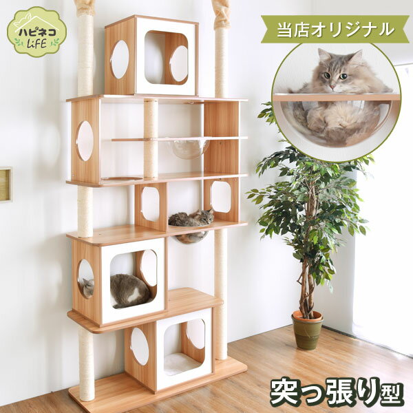 当店オリジナル 木製キャットタワー【送料無料】 幅110cm 麻紐 爪とぎ キャットタワー 多頭飼い キャットウォーク キャットタワー 猫 ねこ ネコ リビング ペット 猫タワー 爪研ぎ 麻紐 キャットシェルフ 背面化粧仕上げ ハピネコ 110 高め