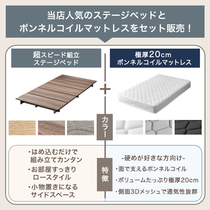 〈超スピード組立〉 ステージベッド マットレス付 極厚20cm ボンネルコイル 組立簡単 ベッド フレーム マットレス付き ベッドフレーム 木製 ベッド マットレス付き マットレス付 マットレス マットレスセット コンパクト シングル すのこ 2