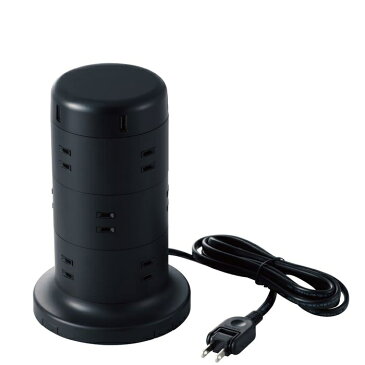 エレコム 電源タップ 12個口 雷サージ トラッキング防止 ほこり防止 USBポート付き タワー型 2m ブラック ECT-0720BK