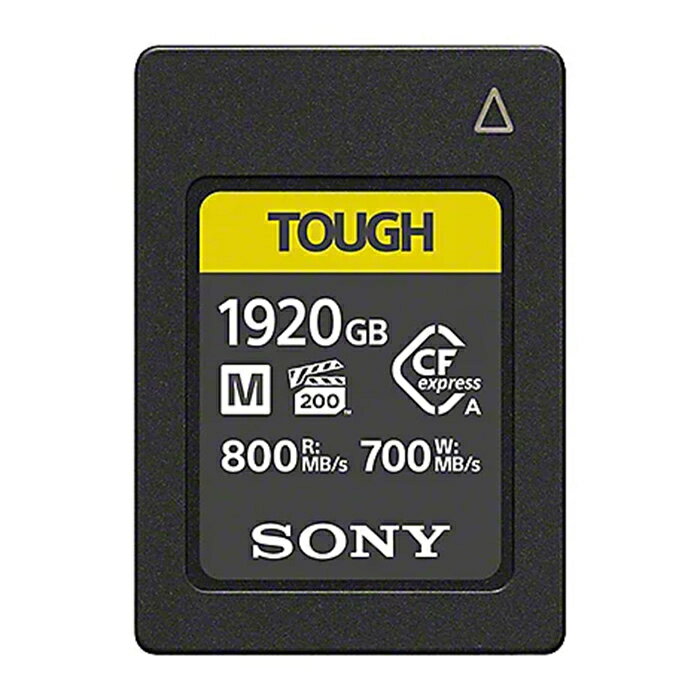 ●ソニー CEA-M1920T Cfexpress TypeAメモリーカード 1920GB TOUGH Mシリーズ●発売日:2023年6月16日●CFexpress Type A メモリーカードとして世界最高容量(*)の「CEA-Mシリーズ」新登場●現場でカメラのスロットにメモリーカードを挿入する際、上手くささらずカードに曲げの負荷がかかってしまうことや誤ってカードを落下させてしまうような経験はないでしょうか。●忙しく、スピードが求められる現場、山などハードな現場での撮影時に安心して使用できることを目指した「Mシリーズ タフ仕様」は従来品から増した強度・防水・防塵性といったスペックを兼ね備え、様々なトラブルによる破損を防止。●大切なデータを守ります。●容量(ユーザー容量は右記を下回ります)●1920GB●最大読み出し速度●800 MB/s *1 速度は条件により異なります。●速度を保証するものではありません●最大書き込み速度●700 MB/s *1 速度は条件により異なります。●速度を保証するものではありません●VPG(Video Performance Guarantee)●VPG200 *2* CFA規格に基づいたデータ転送速度を示します。●ご使用の環境によっては、このデータ転送速度を保証するものではありません●最低持続書き込み●200 MB/s *1 速度は条件により異なります。●速度を保証するものではありません●防塵防水性●IP57●落下強度●7.5m(規格比約5倍)*3 当社試験条件によるCFexpress Type A規格との比較であり、すべての状況においてCFexpress Type Aメモリーカードの無破損やデータを保証するものではありません●曲げ強度●150ニュートン(規格比約10倍)*3 当社試験条件によるCFexpress Type A規格との比較であり、すべての状況においてCFexpress Type Aメモリーカードの無破損やデータを保証するものではありません●保証期間 *4●5年 *4 万一、当社製造上の原因による不良があった場合には、同等品と無償交換いたします。●仕様●外形寸法 (約 W x L x T) :20 mm x 28 mm x 2.8 mm●質量(約):3 g●注意事項:* 「CEA-M1920T」「CEA-M960T」について、以下のカメラ本体との組み合わせでは、記載されたバージョンのソフトウェアが必要です。●α1: Ver.1.31以降、 α7S III: Ver.2.11以降、FX6・FX3: Ver.2.00 以降 お使いのカメラのバージョンに応じて、アップデートをしてお使いください。●ダウンロード特典: データ復旧ソフト「メモリーカード ファイルレスキュー」 メモリー状態診断ソフト「Media Scan Utility」●沖縄・離島への配送料金は別途見積もり（配送不可の場合も有）となりますのでご了承ください。●お客様都合によるご注文後のキャンセルは『不可』となっております。またお届けしました商品のお客様都合による「返品 交換」も行っておりません。●JANコード：4548736147317PC周辺機器＞記録メディア＞SDメモリーカード＞ソニーCEA-M1920Tこちらの商品の送料区分は「100」です。