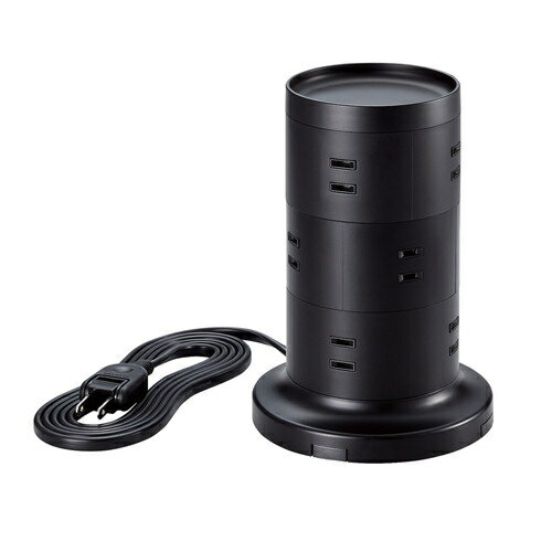 エレコム タワー型 電源タップ 延長コード コンセント 2m 2P 12個口 ほこりシャッター 絶縁キャップ ブラック TT-03-1220BK