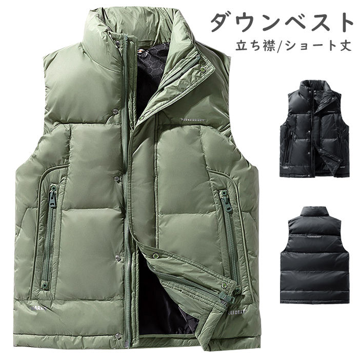 ダウンベスト 立ち襟 ショート丈 メンズベスト 中綿ベスト ジップアップ 無地 防寒ベスト 男性 スタンドカラー カジュアルベスト 秋冬アウター