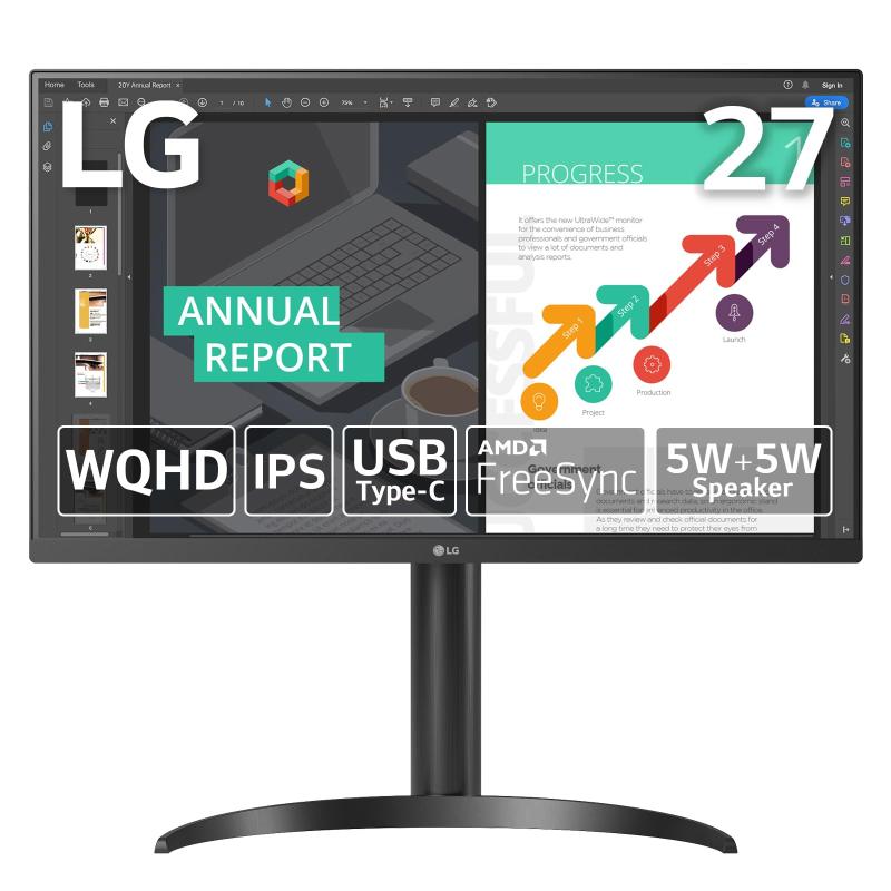 LG モニター 27QN850-B 27インチ / WQHD(2560×1440) / IPS/USB Type-C / 75Hz / FreeSync/アンチグレア/sRGB 99% / HDR10 / 内蔵スピーカー/DisplayPort/HDMI/高さ調整、チルト対応 1