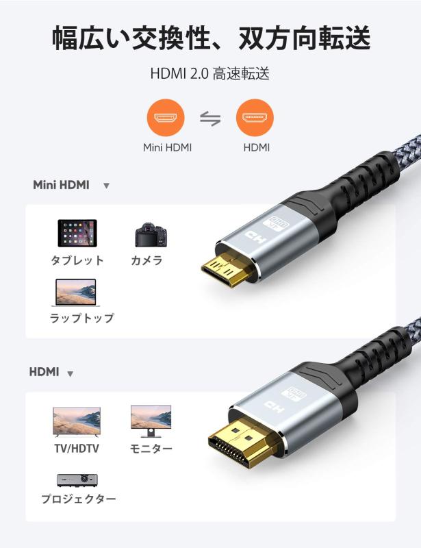 Mini HDMI-HDMI ケーブル Snowkids ミニ hdmi 1m/1.8m/3m(タイプAオス-ミニタイプCオス) 4K 60Hz ハイスピード ミニHDMIオス-HDMIオス 3D 双方向転送 イーサネット対応