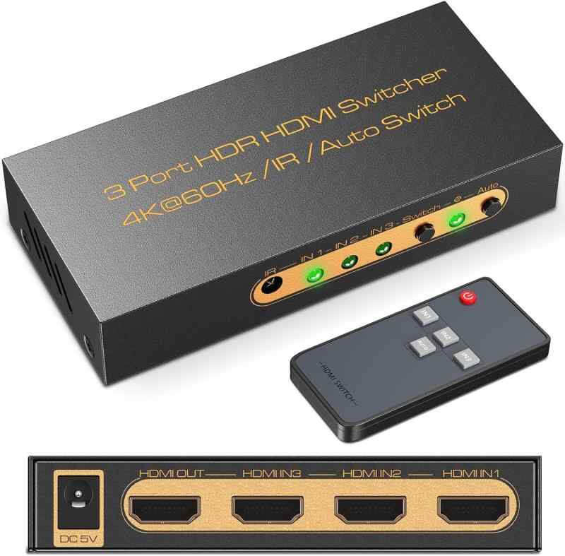 HDMI切り替え器2.0 3入力1出力 4k@60hzHDCP2.2HDR対応 リモコン付属PS5/PS4/Nintendo Switch対応