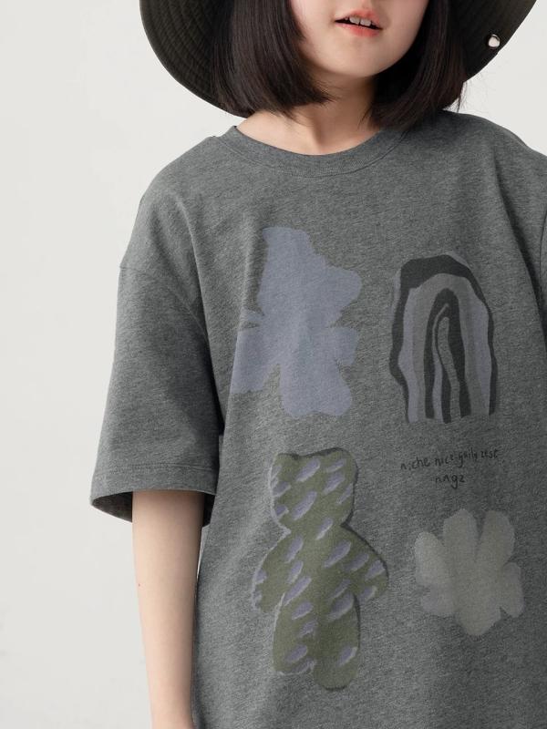 Tシャツ キッズ 女の子 半袖 コットン 手描きプリント ゆったり かわいい 通気性 吸湿速乾 子供服 グレ..