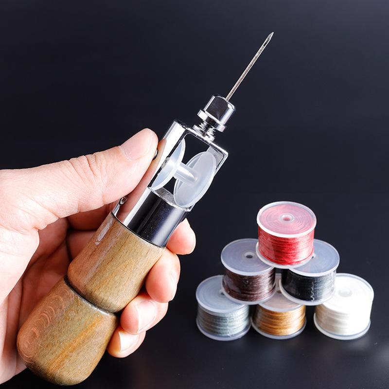 手縫い針 レザークラフト 縫製用具セット 千枚通し 縫い針 直針式 糸付き (カーキ色 米白色 黒色 灰色 赤色 紫色 黄色 宝藍色 棕色)