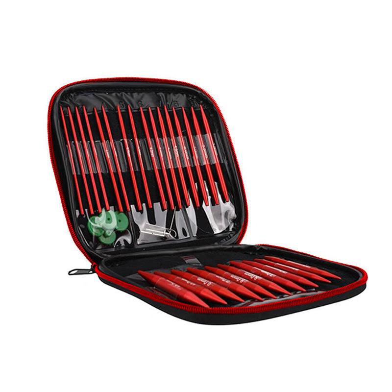 編み針セット DIY 毛糸 編み物 道具 赤色 酸化アルミニウム 輪針 取り外し可能 携帯 収納ケース付き