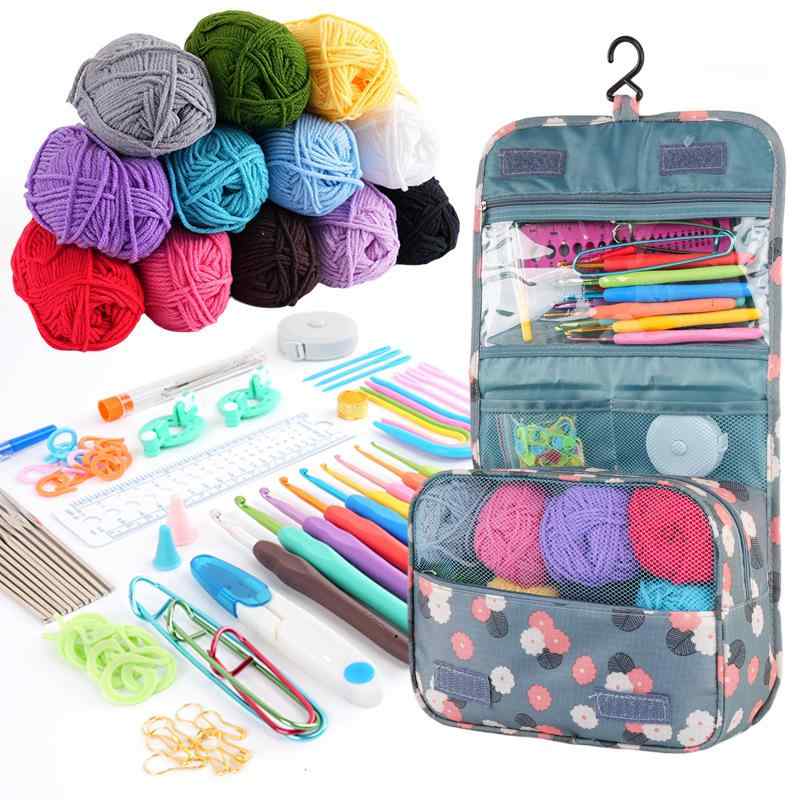 編み物道具 針セット 毛糸付き 12色 ミルクコットン 手芸ツール かぎ針 フルセット 軽量 コンパクト 初..
