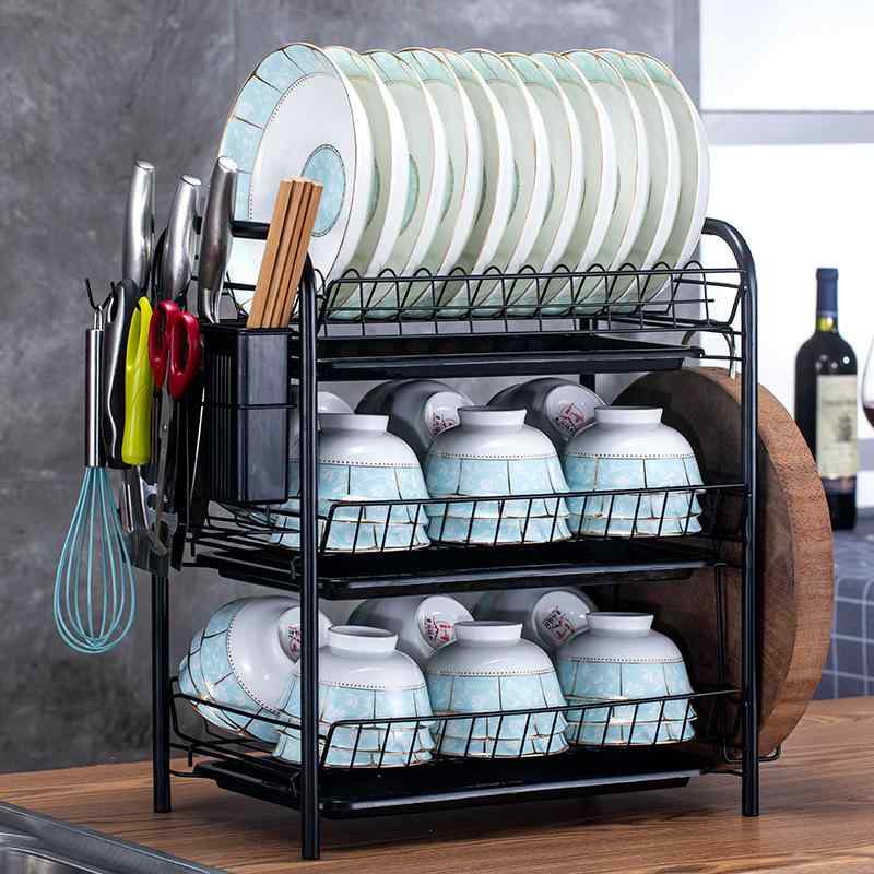 キッチン用品 食器収納ラック 3段式 水切りラック 皿立て 箸立て まな板立て付き ブラック 金属製 大容..