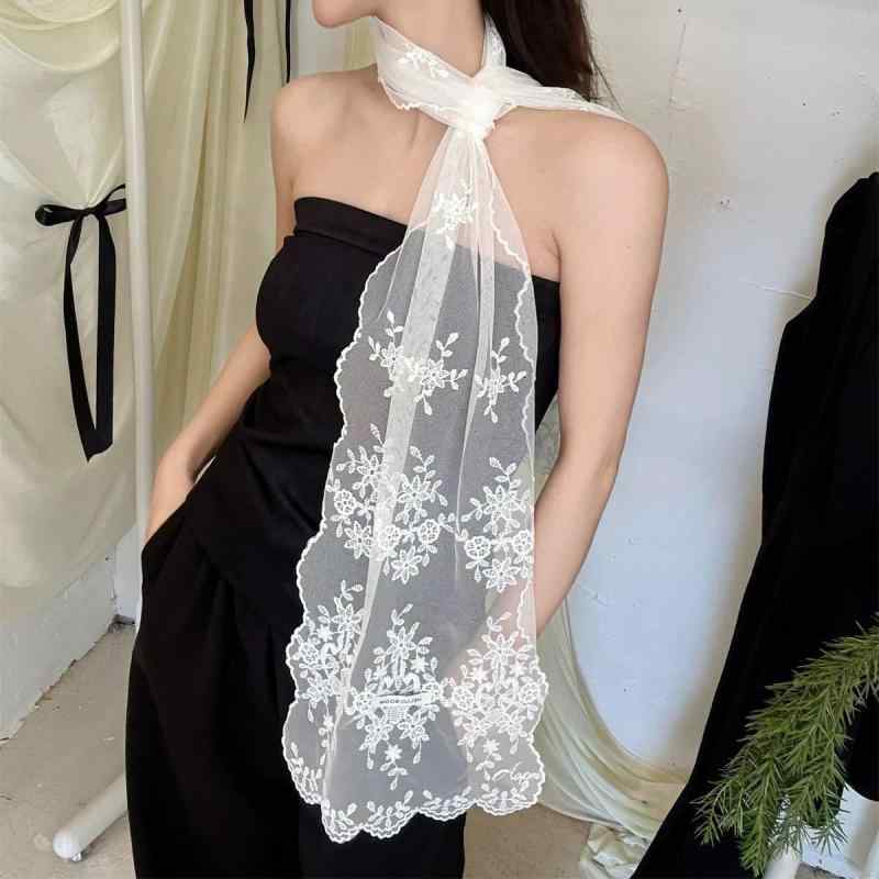 スカーフ レディース レース 刺繍入り 菱形 春夏 パステルカラー 細スカーフ ヘアバンド ヘッドスカー..