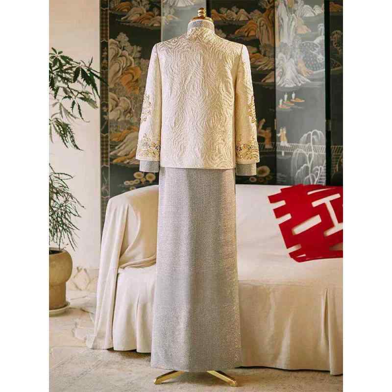 メンズ 唐装 結婚式 新郎 衣装 シャンパンゴールド ポリエステル 中華風 フォーマル 馬褂