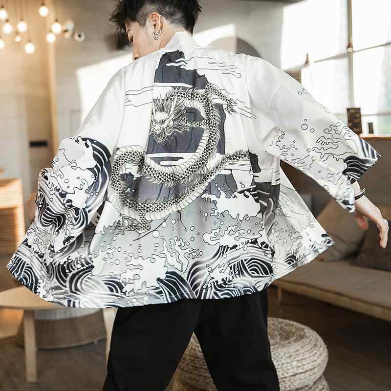 カーディガン メンズ 男性用 和風 羽織り 綿混紡 墨龍 蓮 花柄 プリント柄 中国風 カジュアル