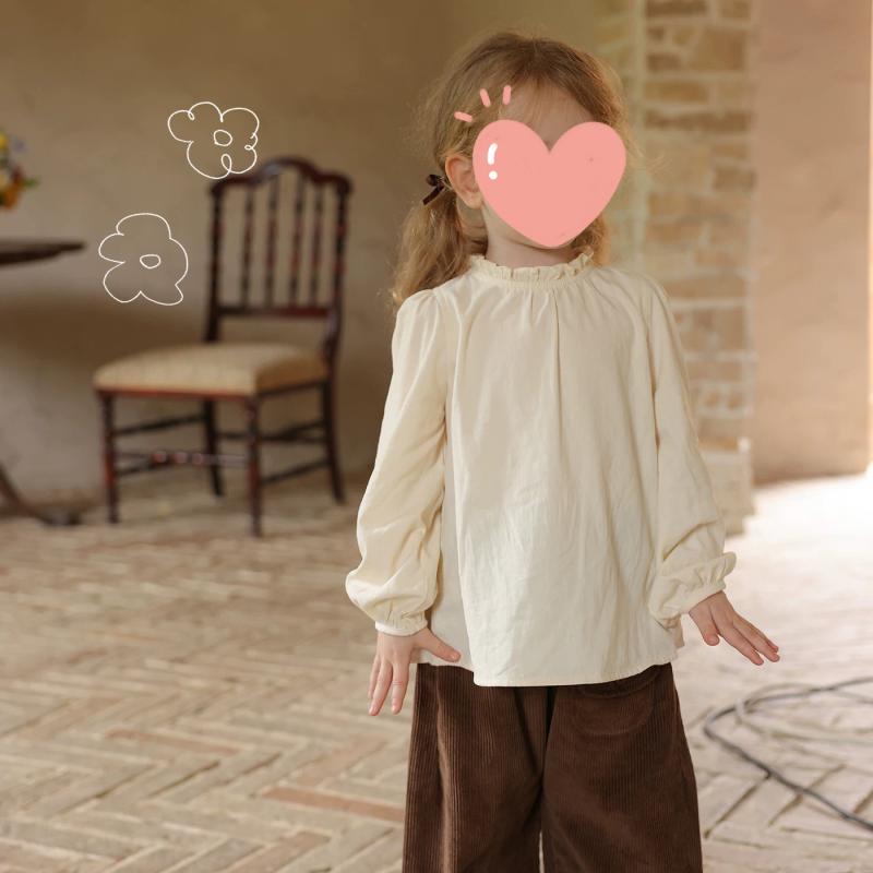 シャツ キッズ 長袖 春秋 綿100% 花柄 レース襟 ギャザー パフスリーブ ブラウス トップス かわいい ガ..