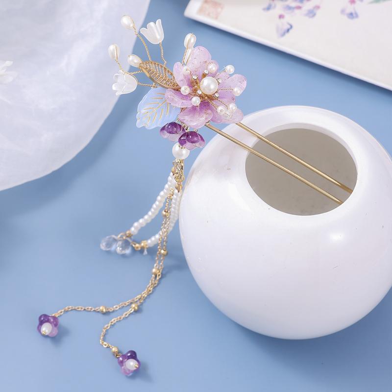 ヘアアクセサリー レディース 古風 紫色 花柄 タッセル 揺れる 髪飾り セット 新中式 かんざし コーム ヘアピン チャイナドレス 漢服 コスプレ 写真 撮影...