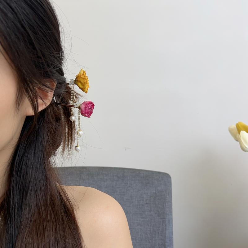 ヘアアクセサリー レディース 髪飾り 簪 かんざし ドライフラワー プリザーブドフラワー ローズ バラ ..
