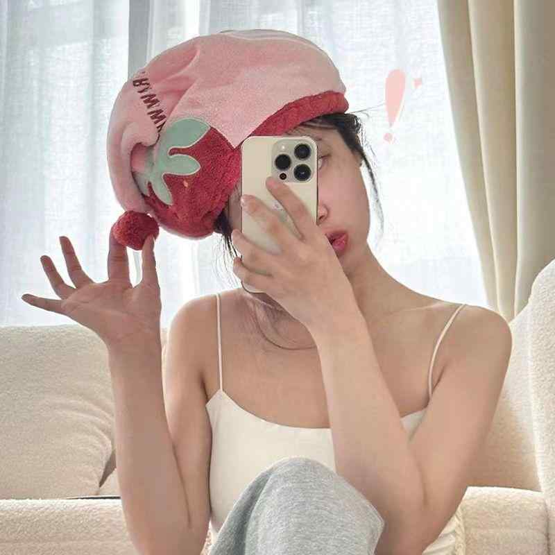 ヘアキャップ レディース サンゴフリース イチゴ刺繍 ヘアタオル 吸水タオル バスキャップ 速乾