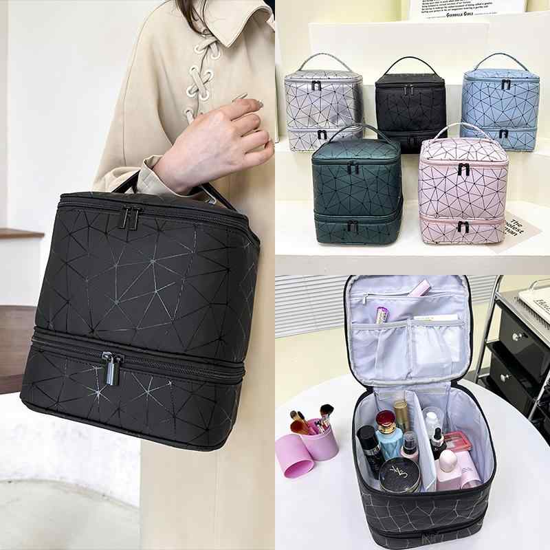 ネイルバッグ 大容量 ネイル用品 収納バッグ 持ち運び 菱形 格子柄 PU製 化粧ポーチ 白 黒 ピンク 緑 ..