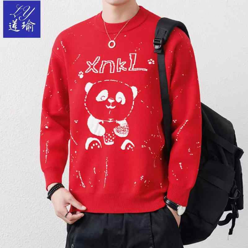 ニット メンズ セーター 中国レッド ジャカード クルーネック 厚手 トップス 男性用 秋冬 暖か ポリエ..