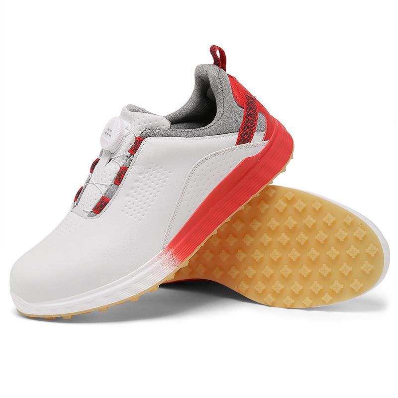 ゴルフシューズ 防水 ゴルフシューズ 紐なし 回転ボタン式 ペア 男女兼用 兼用 運動靴 スポーツシューズ ローカット 天然皮革 合成皮革 白 黒 赤