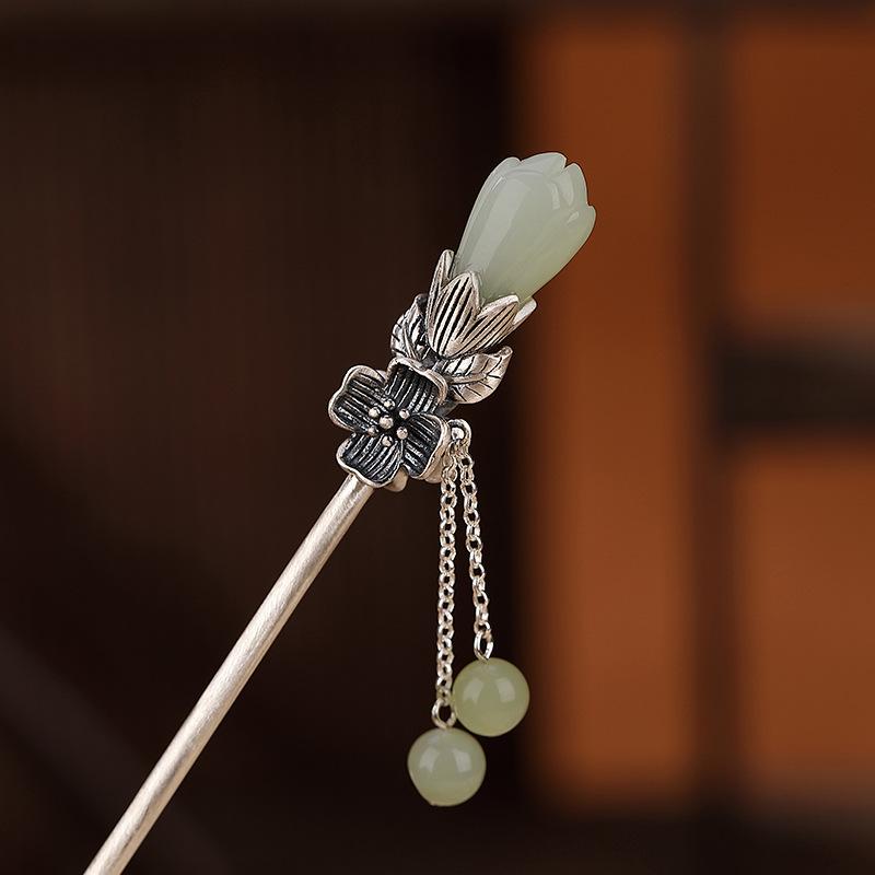 ヘアアクセサリー レディース S925 シルバー 和田玉 レトロ 梅の花 玉蘭花 タッセル かんざし 古典的 髪飾り ヘアピン