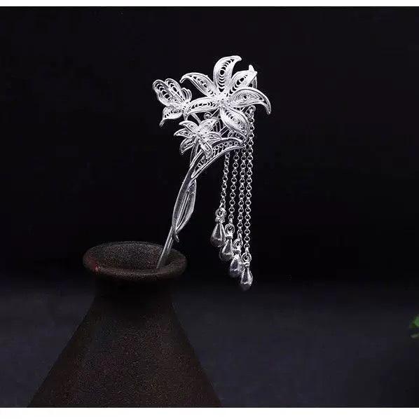 ヘアアクセサリー レディース ヘアピン 新中式 古風 簪 シルバー 電気メッキ加工 花柄 レトロ 民族風 チャイナドレス 和装 髪飾り