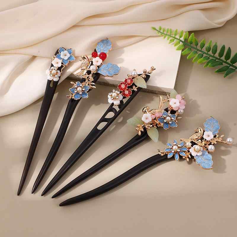 ヘアアクセサリー レディース 黒檀 木製 かんざし 簪 タッセル 房飾り フラワー 花 新中式 髪飾り ヘアピン チャイナドレス 和装 浴衣 普段使い パーティ...