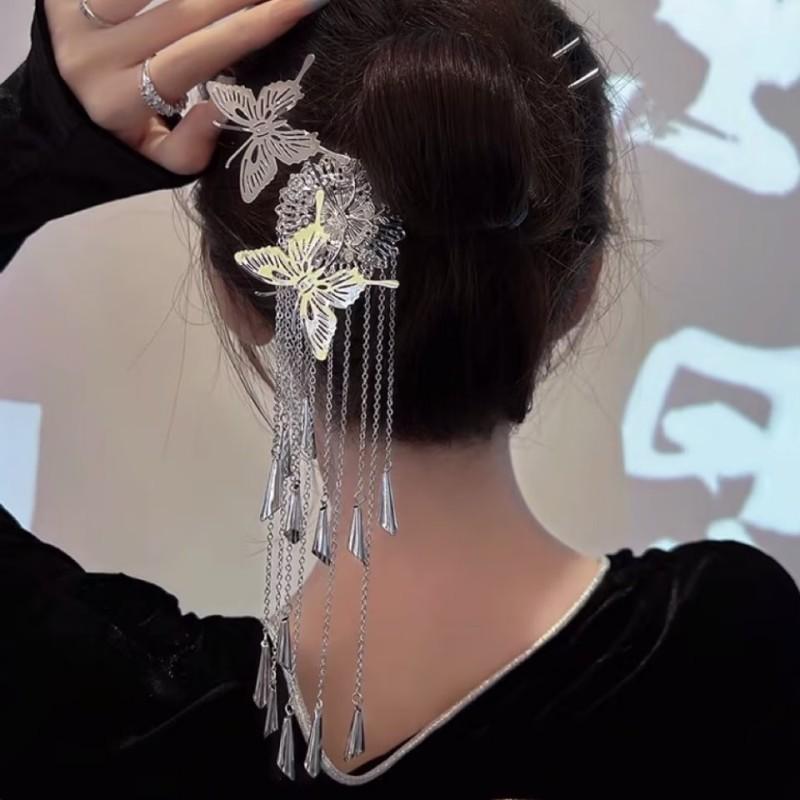 ヘアアクセサリー レディース 簪 蝶 花 流蘇 合金 小さめ エレガント 古風 電気メッキ加工 イベント 結婚式 誕生日 記念日 贈り物