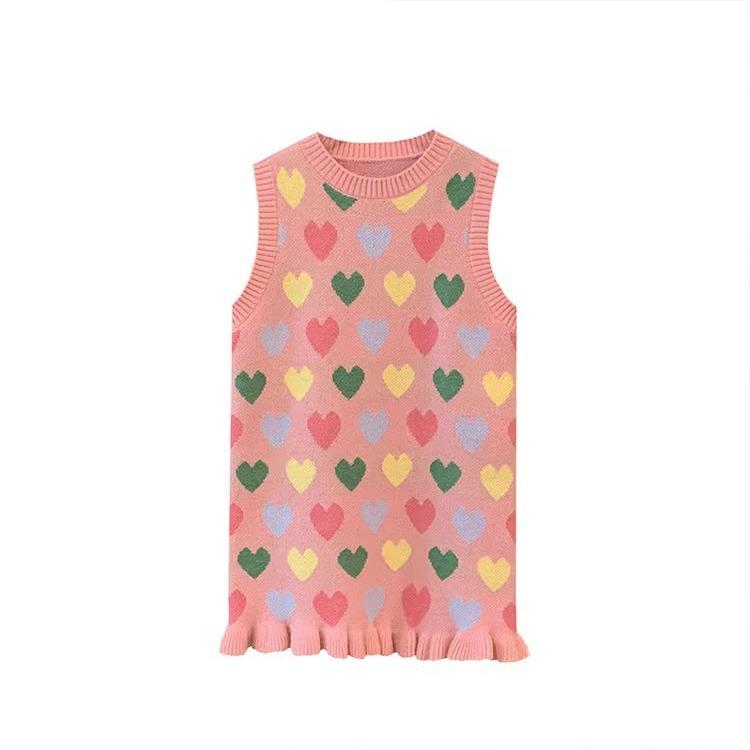 ワンピース キッズ 女の子 子供服 愛心柄 ニット 春秋 パフスリーブ 蝶結び ブラウス Aラインスカート 普段着 おしゃれ かわいい 90 100 110 120 130 140